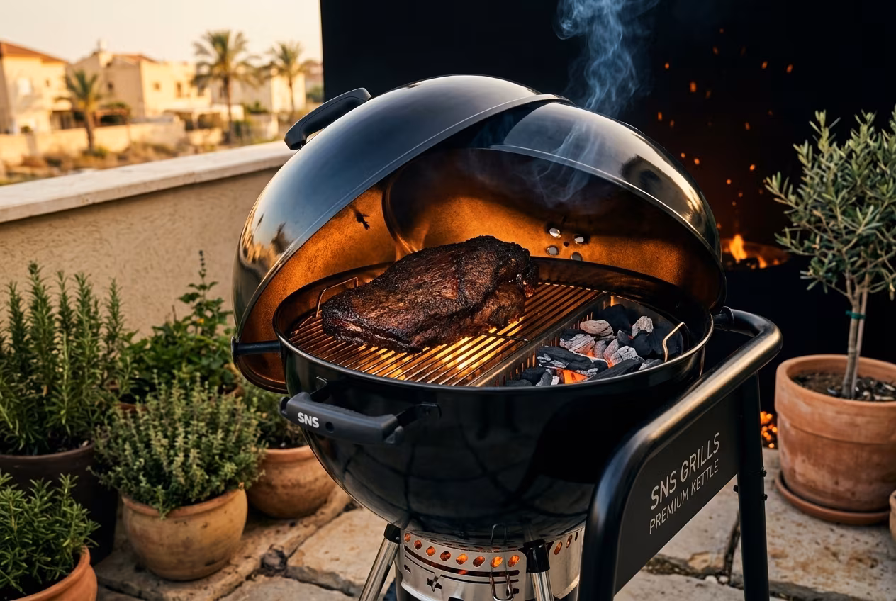 מעשנת פחמים של SNS Grills עם בריסקט על הרשת ועשן כחול עדין עולה