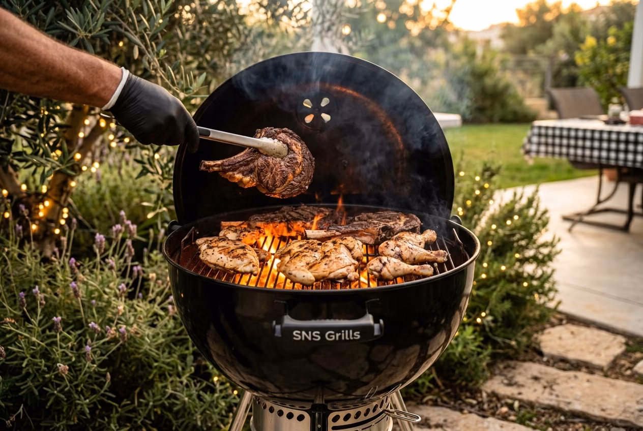 גריל פחמים של SNS Grills עם בשר על הרשת בגינה ביתית בערב