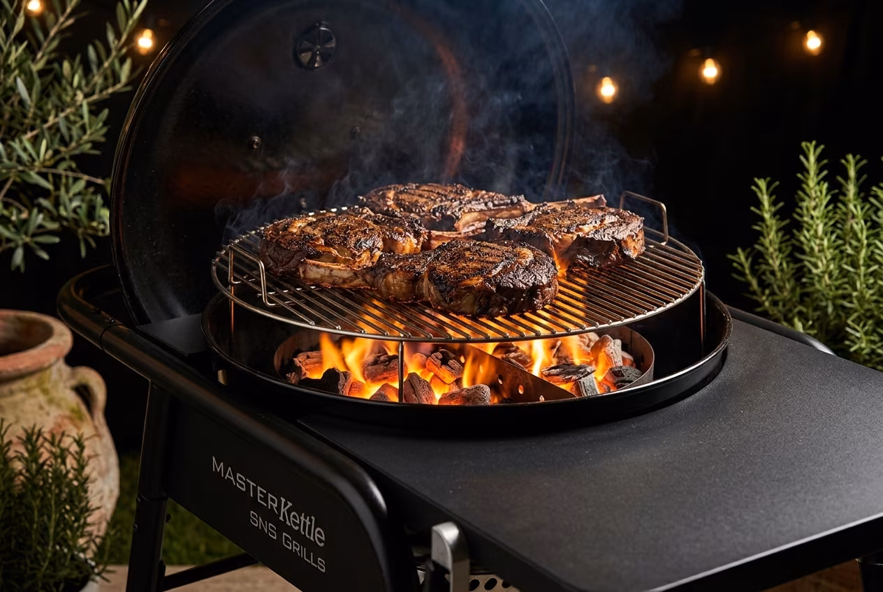 גריל פחמים של SNS Grills עם בשר על הרשת וגחלים לוהטות באווירה ביתית חמה